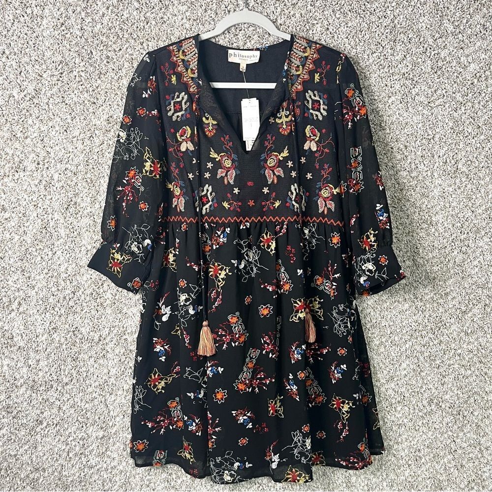 Philosophy Dress Women’s Small Black Multi Floral Embroidered V-Neck NWT